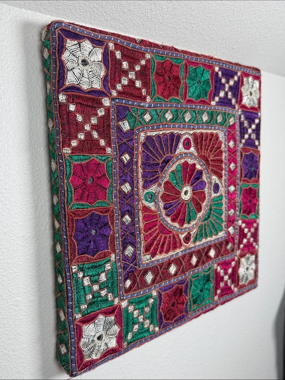 Vintage Tapestry Embroidered Mirrors Jewel Tones Crewel Square Wall Hanging